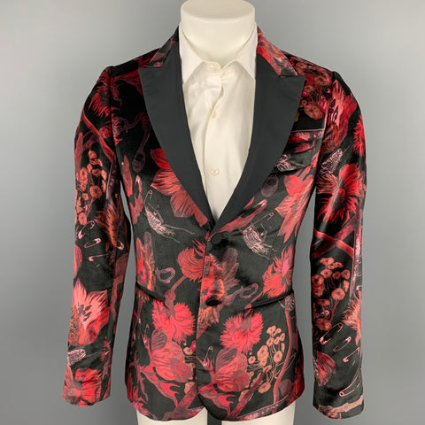 PAUL SMITH Soho Fit Size 36 Burgundy & Black Print Velvet Peak Lapel Sport Coat