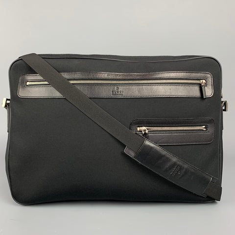 Bolso mensajero vintage con ribete de cuero de lona negra GUCCI