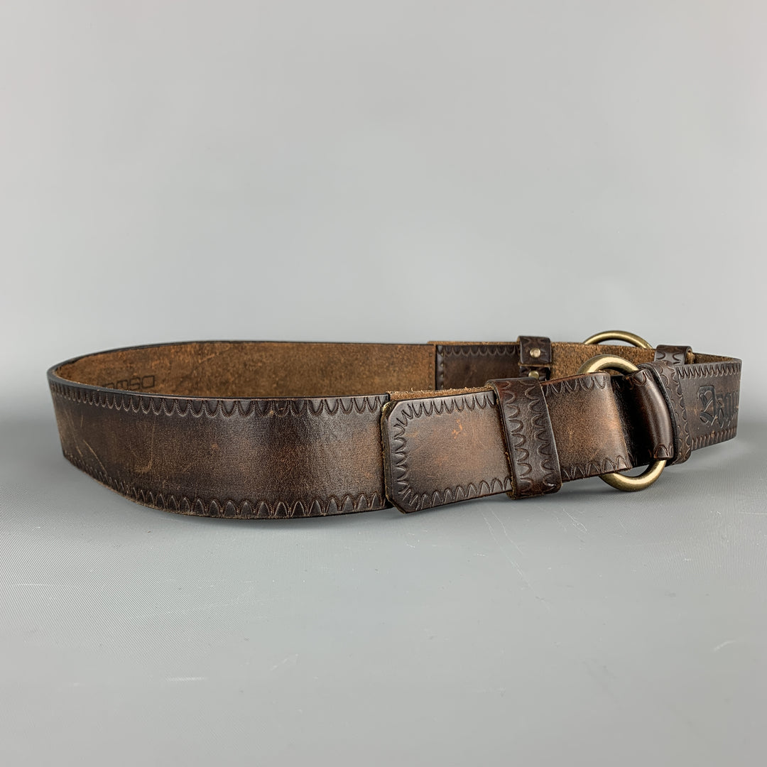 DSQUARED2 Size M Brown Leather Double Hoop Embossed Logo Belt