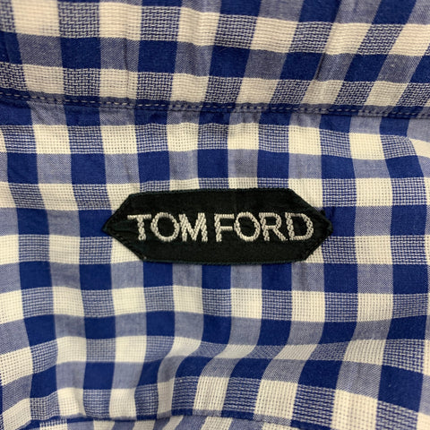 TOM FORD Size XL Blue & White Checkered Cotton Button Up Long Sleeve Shirt