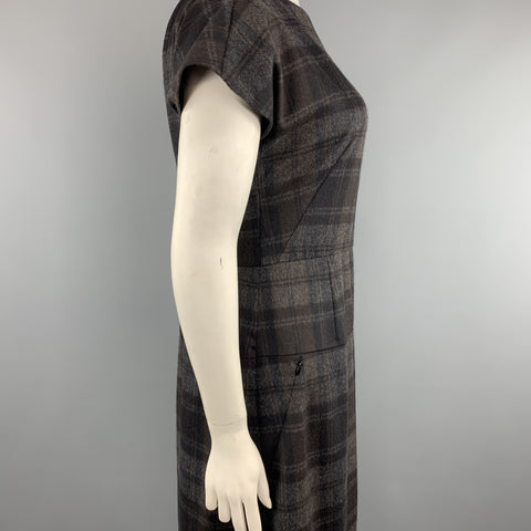 AKRIS Size 10 Grey Plaid Wool / Angora Cap Sleeve Shift Dress