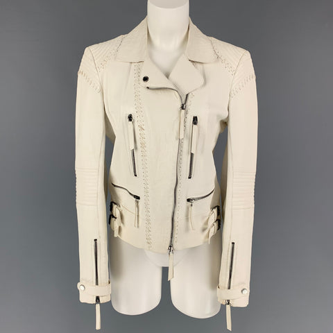 ROBERTO CAVALLI Chaqueta de moto con relieve de cuero blanco talla 10
