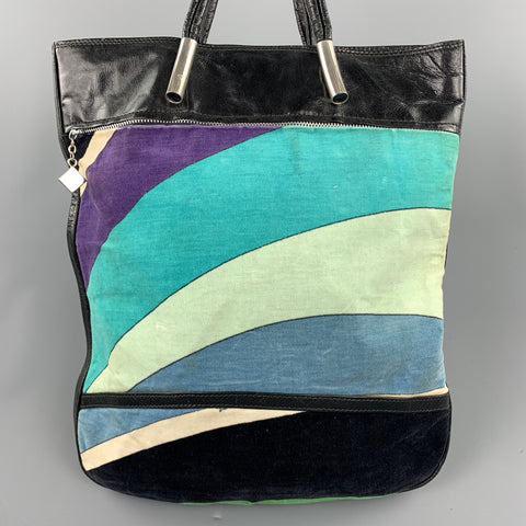 EMILIO PUCCI  Blue Color Block Velvet Patent Leather Tote Handbag