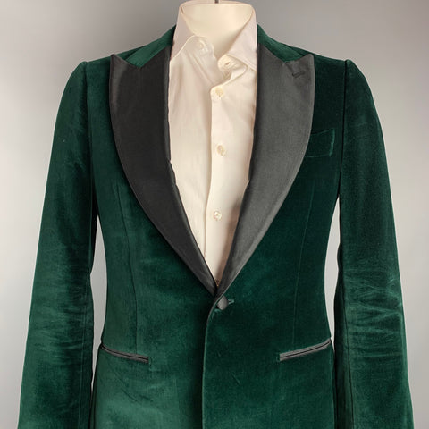 SUIT SUPPLY Size 40 Green & Black Velvet Cotton Peak Lapel Sport Coat