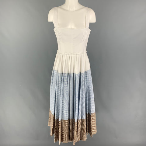 LELA ROSE 2019 Size 8 White Blue Brown Cotton Gingham Pleated Long Dress