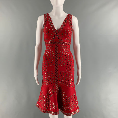 HERVE LEGER Size XXS Red Rayon Blend Grommets A-Line Dress