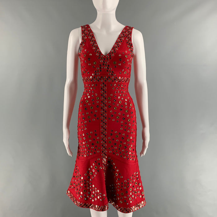 HERVE LEGER Size XXS Red Rayon Blend Grommets A-Line Dress