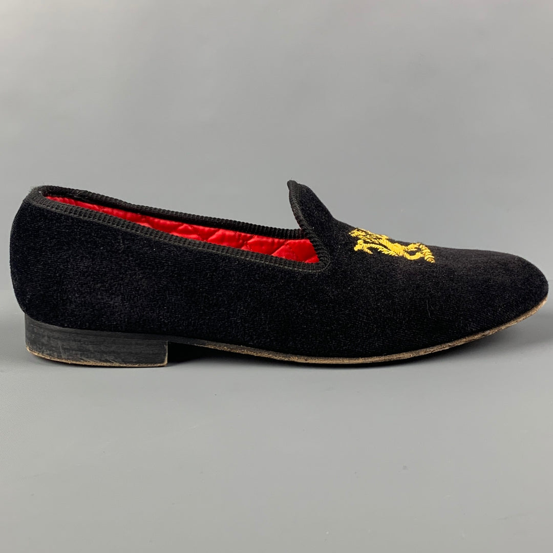BERK Size 10.5 Black Gold Rampat Lion Embroidery Velvet Loafers