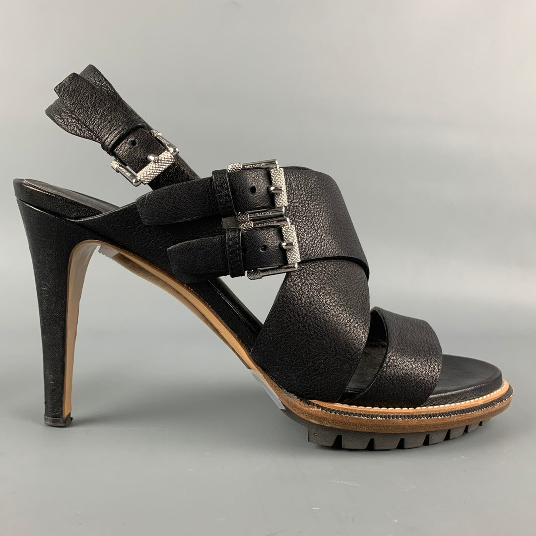 BELSTAFF Size 8 Black Pebble Grain Leather Ashton Sandals