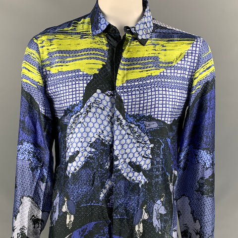 JUST CAVALLI Size L Navy & Yellow Print Silk French Cuff Long Sleeve Shirt