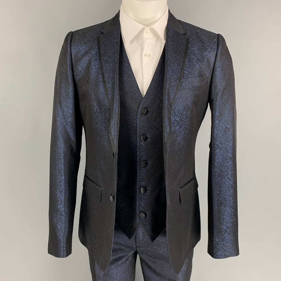 DOLCE & GABBANA Size 38 Regular Dark Blue & Black Sparkle Polyester / Viscose 3 Piece Tuxedo Suit