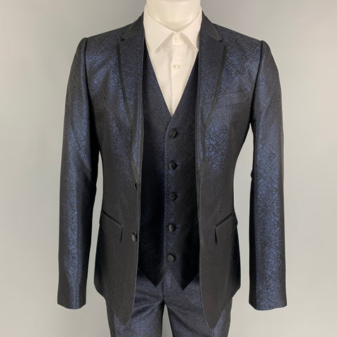 DOLCE & GABBANA Size 38 Regular Dark Blue & Black Sparkle Polyester / Viscose 3 Piece Tuxedo Suit