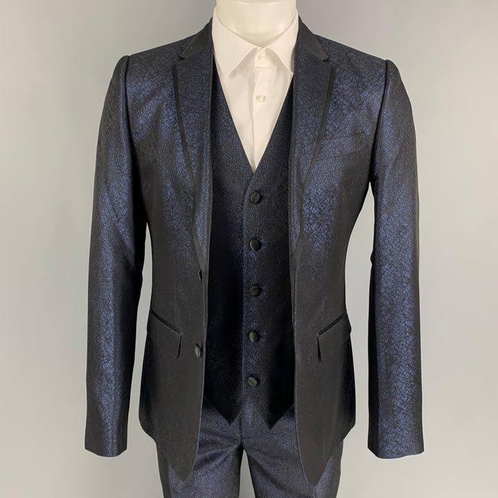 DOLCE & GABBANA Size 38 Regular Dark Blue & Black Sparkle Polyester / Viscose 3 Piece Tuxedo Suit