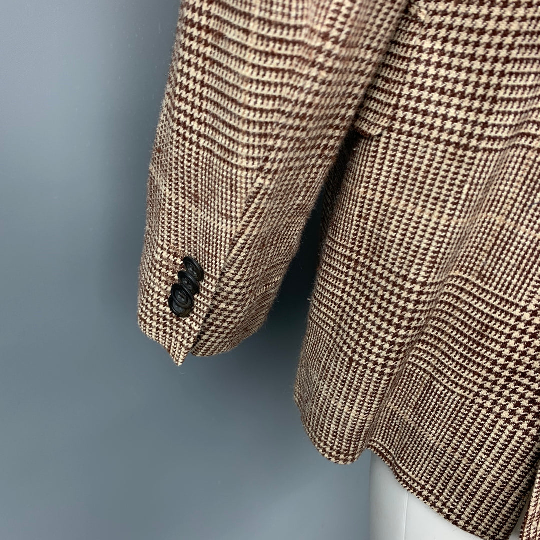 ETRO Talla 40 Abrigo deportivo con solapa de muesca de seda / lino a cuadros marrón y beige