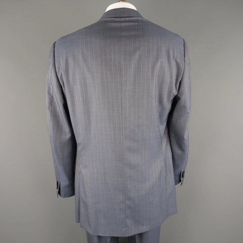 ERMENEGILDO ZEGNA 48 Long Blue Striped Wool Single Breasted Notch Lapel Suit ERMENEGILDO ZEGNA