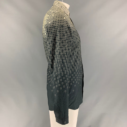 PRADA Talla M Camisa de manga larga con botones de algodón geométrico en blanco y negro