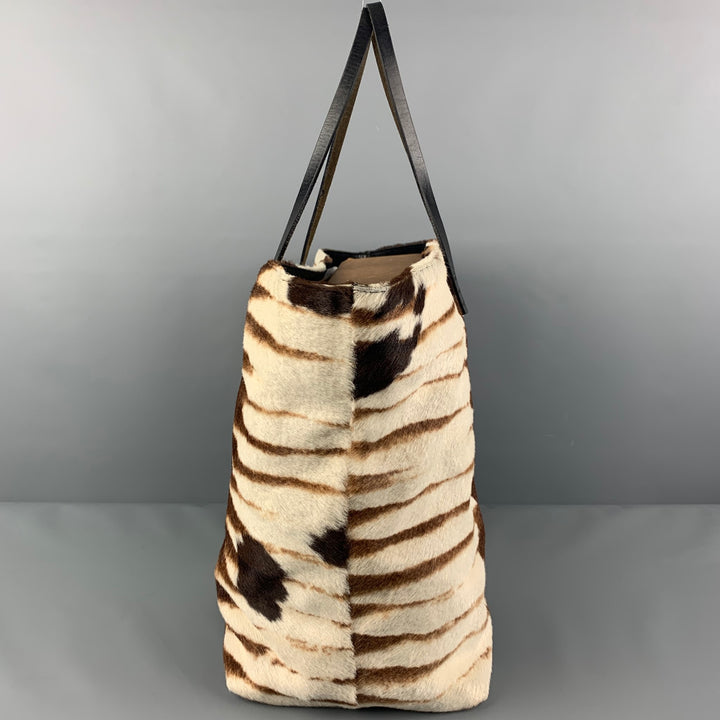 FENDI Brown Cream Zebra Leather Calf Hair Tote Bag