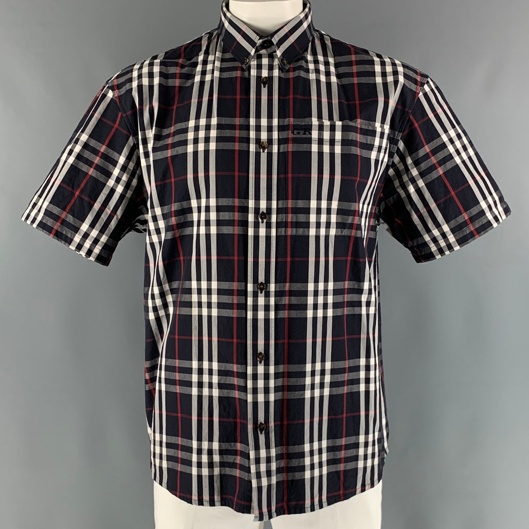 BURBERRY Size L Navy White & Red Plaid Cotton Button Down Short Sleeve Shirt