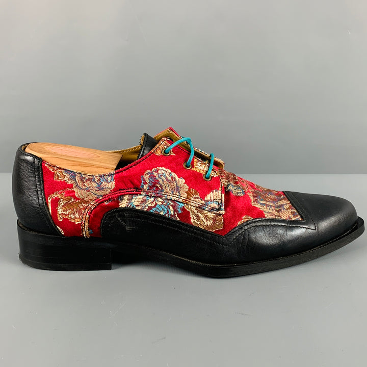 JOHN FLUEVOG Size 7 Black Red Floral Jacquard Lace Up Shoes