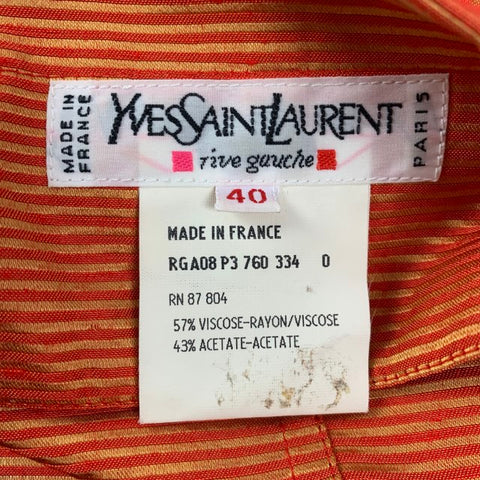 YVES SAINT LAURENT Size 8 Orange Viscose Acetate Stripe Long Sleeve Blouse