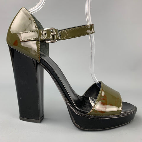 PRADA Talla 9.5 Sandalias de plataforma de charol negro y oliva