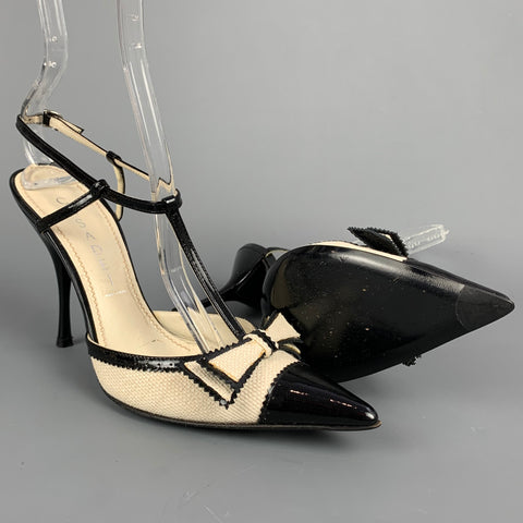 CASADEI Size 5.5 Cream Linen Color Block T-Strap Pumps