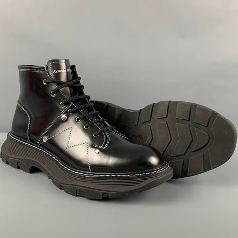ALEXANDER MCQUEEN Talla 11 Botas con cordones de cuero con puntadas en contraste negras