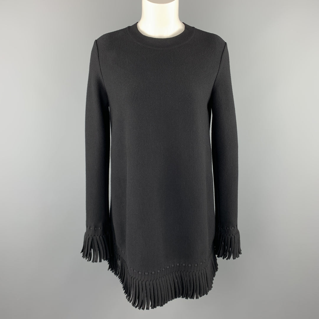 ALAIA Size 6 Black Wool Blend Fringe Trim Mini Dress