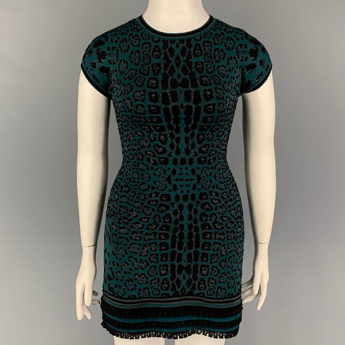 ROBERTO CAVALLI Size 8 Black Green Animal Print Viscose Blend Dress
