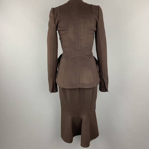 ZAC POSEN Size 2 Brown Felt Collarless Fishtail Pencil Skirt Suit
