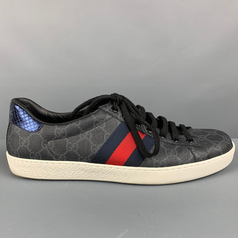 GUCCI Size 11 Black Grey Monogram Leather Lace Up Sneakers