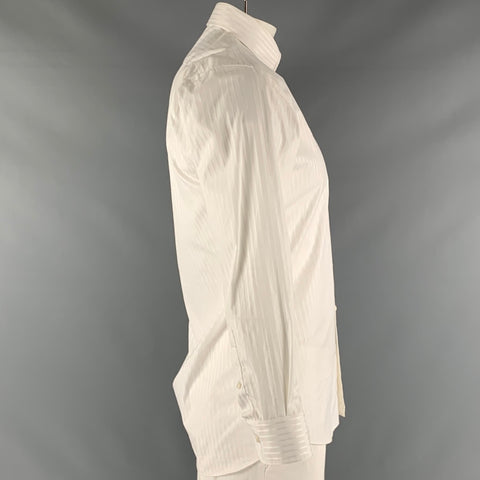 LIPSON Size L White Stripe Damask One pocket Long Sleeve Shirt