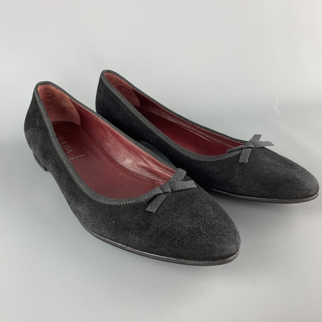 PRADA Size 10.5 Black Suede Pointed Bow Flats