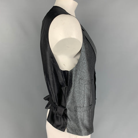 BRIONI Size XXL Silver Swirl Print Silk Peak Lapel Vest