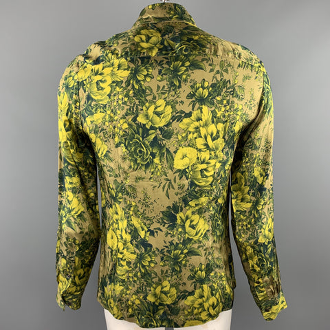 DRIES VAN NOTEN S/S 2020 Size L Green Print Viscose Zip Up Long Sleeve Shirt