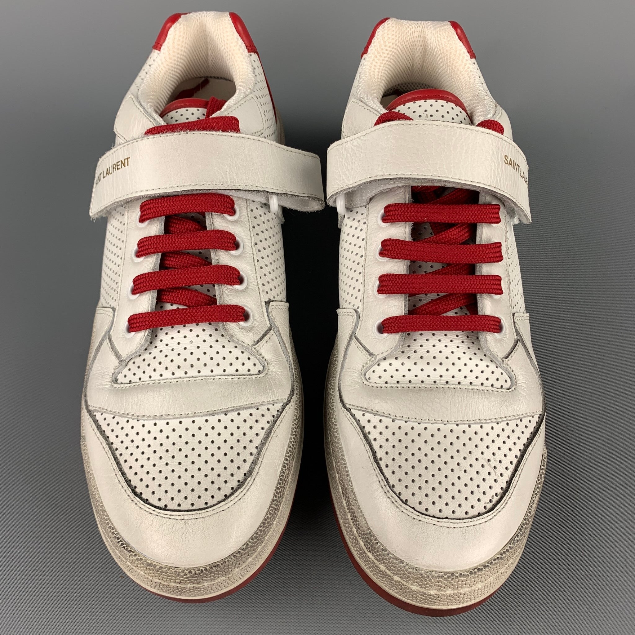 SAINT LAURENT Size 9 White & Red Perforated Leather Low Top