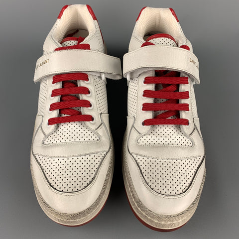SAINT LAURENT Size 9 White & Red Perforated Leather Low Top Sneakers