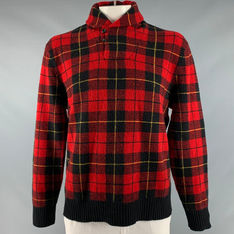 POLO by RALPH LAUREN Size XL Red Black Plaid Lambswool Shawl Collar Sweater