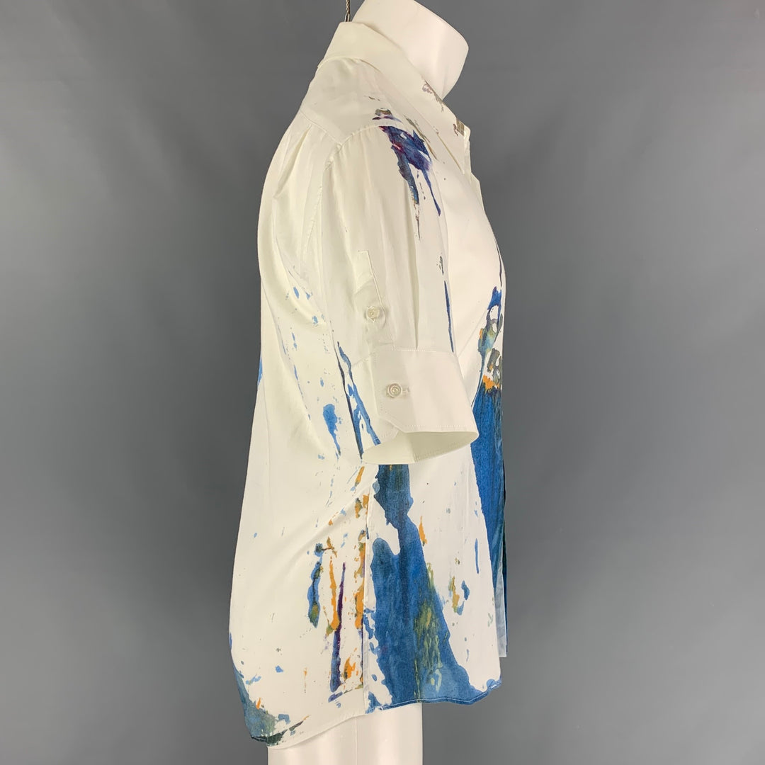 ALEXANDER MCQUEEN Size M White Blue Splattered Cotton Short Sleeve Shirt