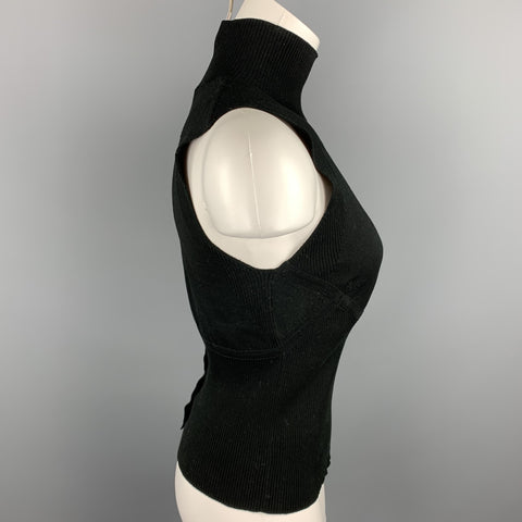 CHANEL Talla 8 Jersey sin mangas con cuello alto acanalado de algodón negro