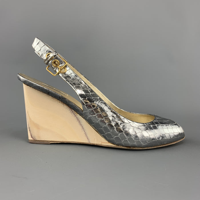 MIU MIU Size 7 Silver Snake Skin Peep Toe Slingback Wedge Sandals