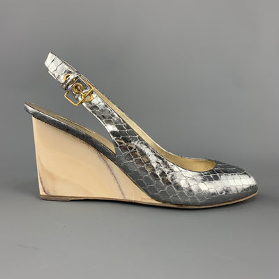 MIU MIU Size 7 Silver Snake Skin Peep Toe Slingback Wedge Sandals