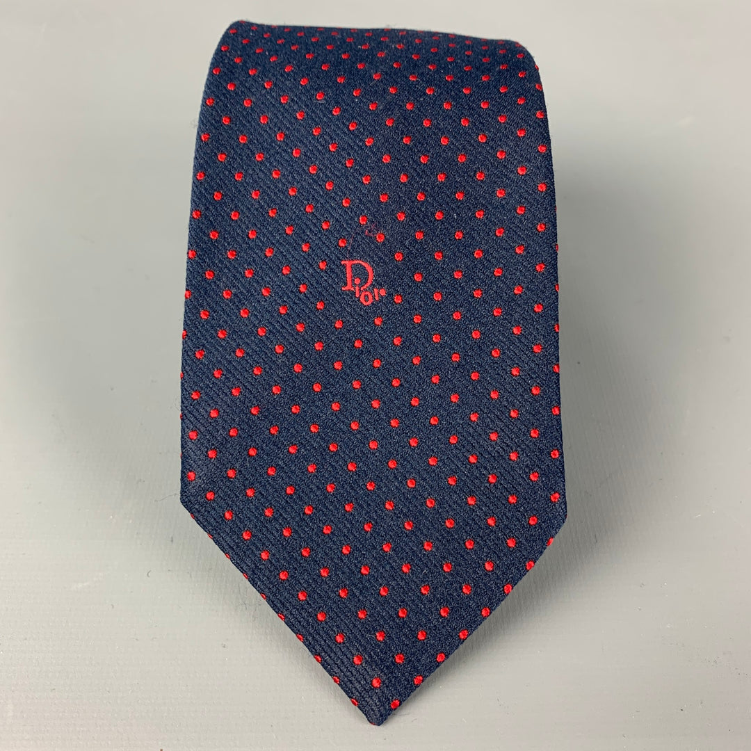 CHRISTIAN DIOR Corbata azul marino con lunares rojos