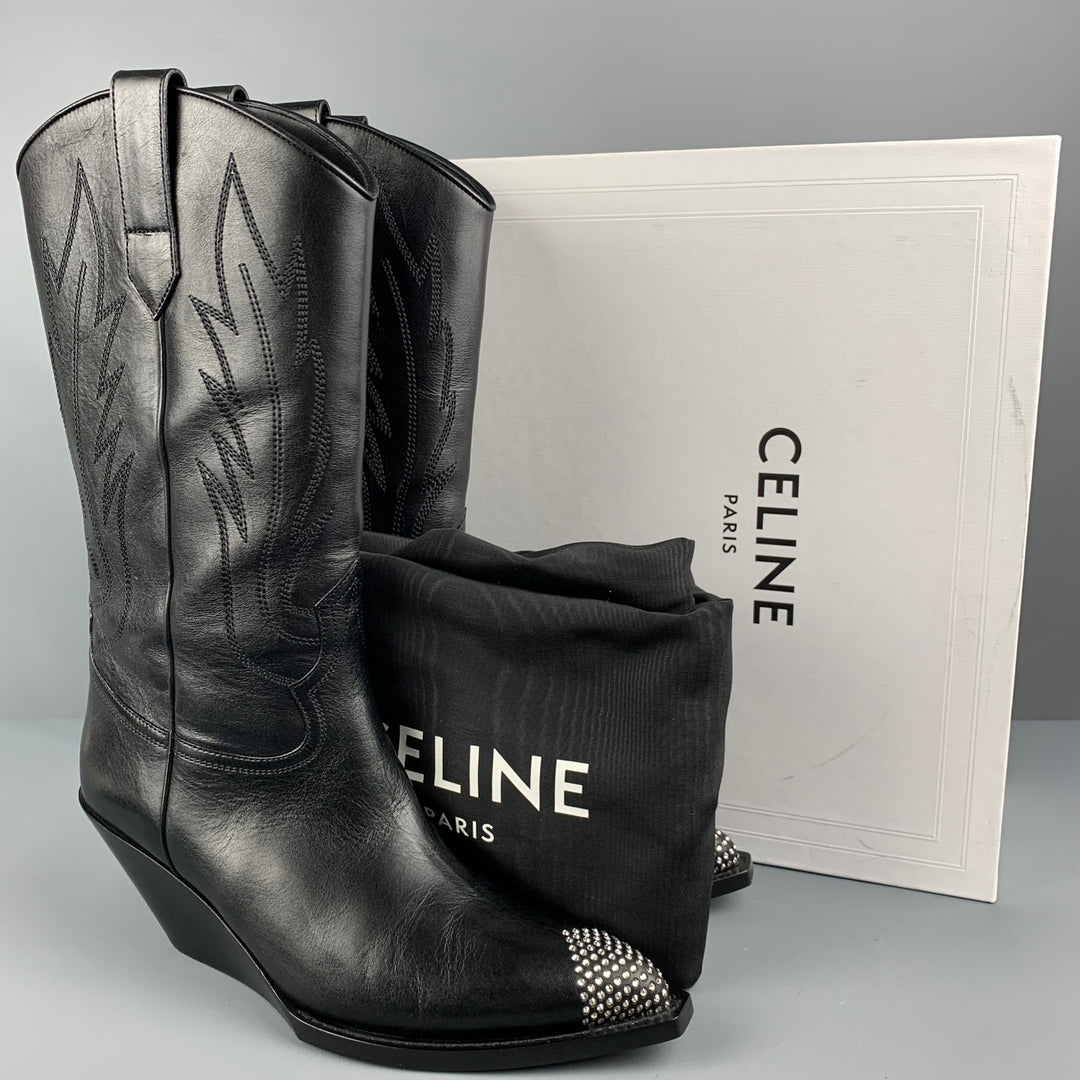 CELINE Size 8 Mens Black Rhinestone Leather Western Boots
