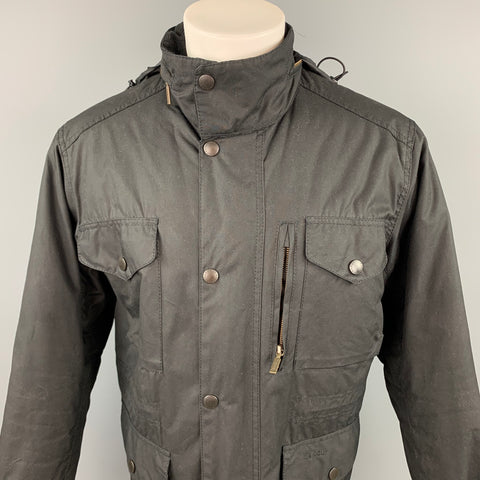 BARBOUR Sapper Size M Black Waxed Cotton Corduroy Collar Zip & Snaps Jacket