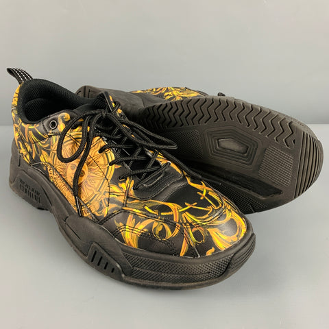 VERSACE JEANS COUTURE Size 10.5 Black Gold Baroque Leather Sneakers