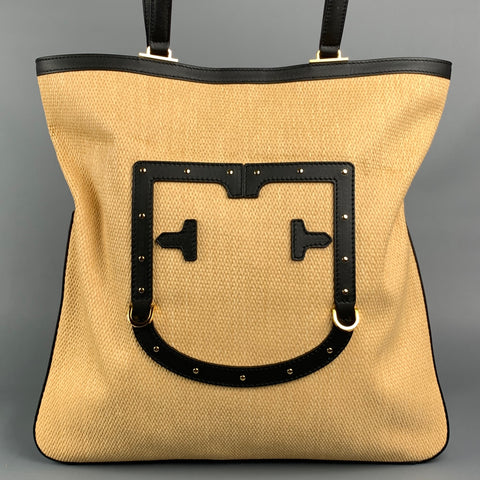 FURLA Fortezza Beige & Black Straw Leather Trim Tote Handbag