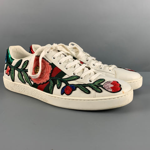 GUCCI Talla 10.5 Zapatillas bajas bordadas de cuero multicolor blanco