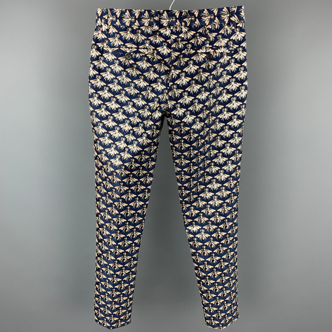 MR TURK Size 28 Navy & Silver Bee Print Polyester Blend Dress Pants