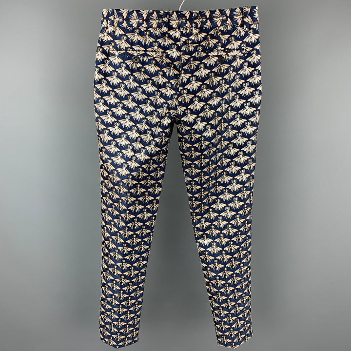 MR TURK Size 28 Navy & Silver Bee Print Polyester Blend Dress Pants